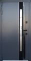 Входная термодверь с узким стеклом, бугельной ручкой и серой полимерной покраской