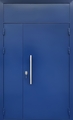Стальная полуторастворчатая дверь с фрамугой, ручкой-скобой и покраской синего цвета